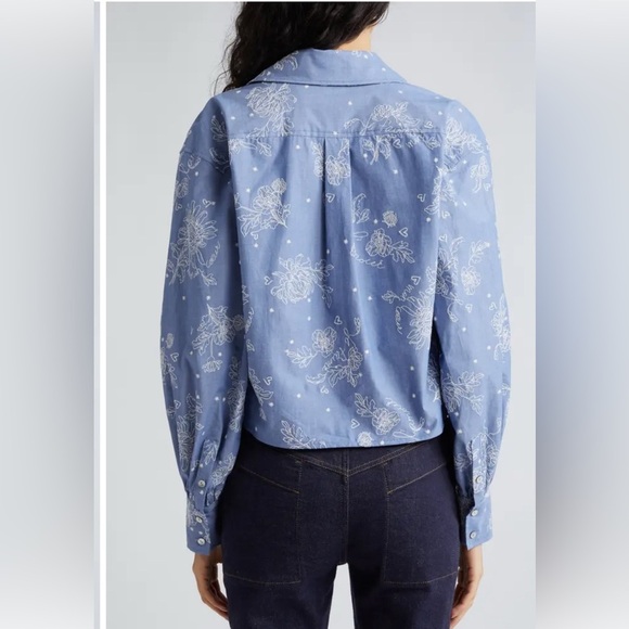 Cinq à Sept Blouse Abrielle Embroidered Blue Chambray Cotton Tie Hem Shirt XS - Picture 4 of 7